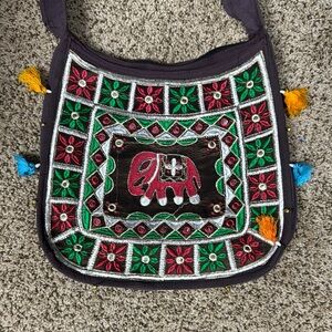Indian Summer Red and Green Shoulder Bag with Elephant Design